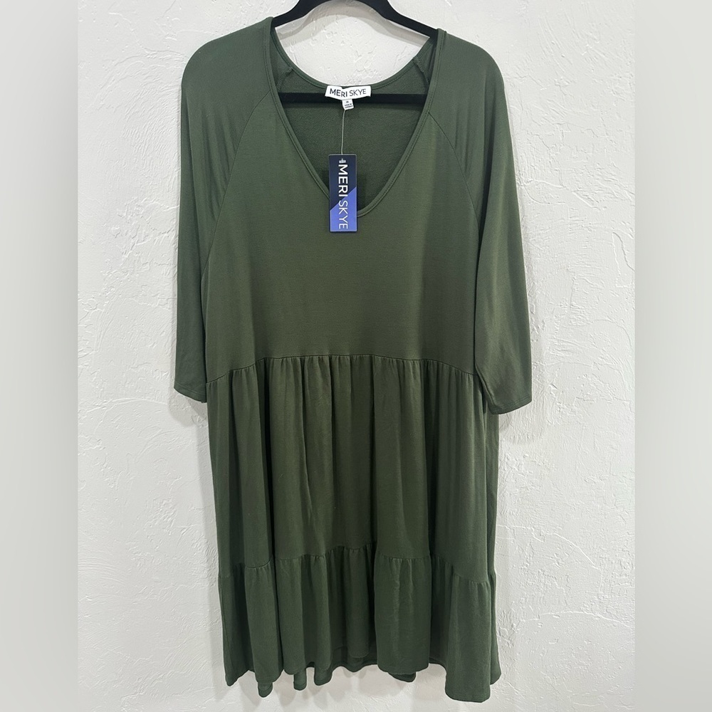 Meri Skye olive green three tiered dress NWT